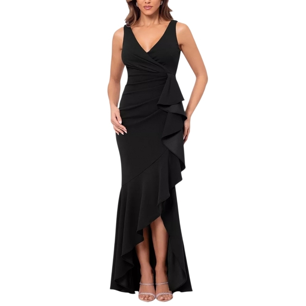AQUA Cascade Ruffle Gown, Size 16